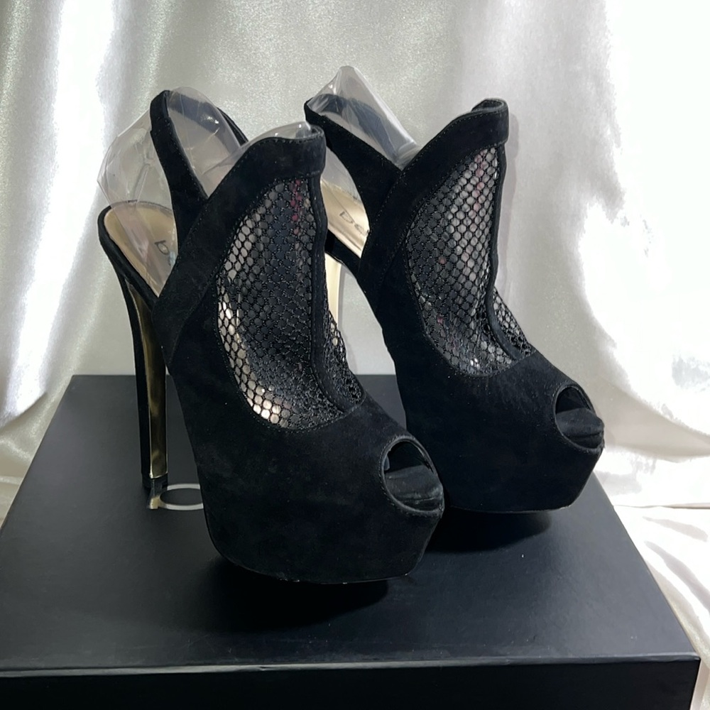 BEBE Suede 6 inch Open Toe Booties Size 6 in Black